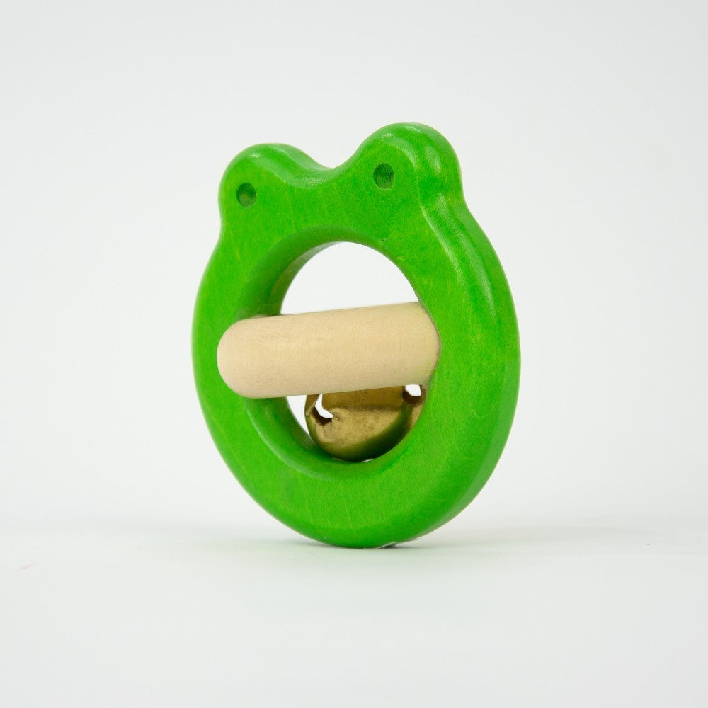 Drewniana żaba - grzechotka z dzwonkiem