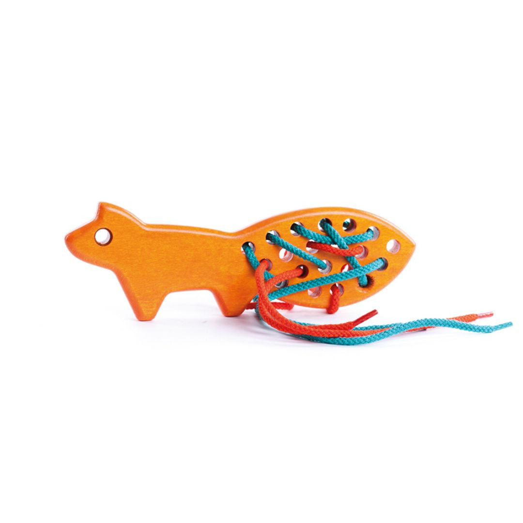Wooden lacing toy fox - two strings