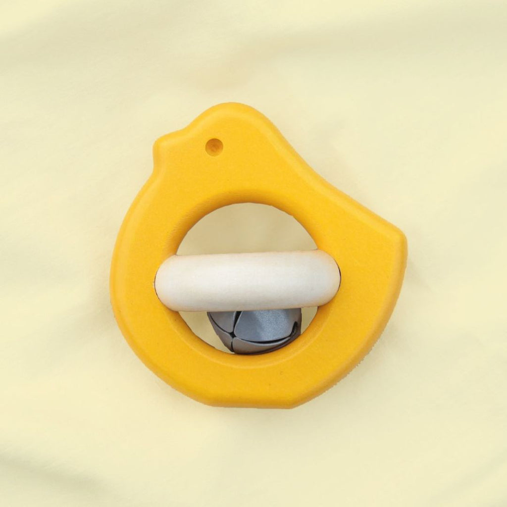 Wooden bird rattle with a bell
